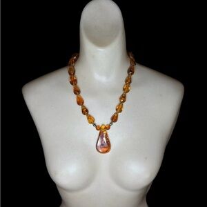 Vintage Sterling Silver Large Baltic Amber Teardrop Pendant Necklace 21.5”